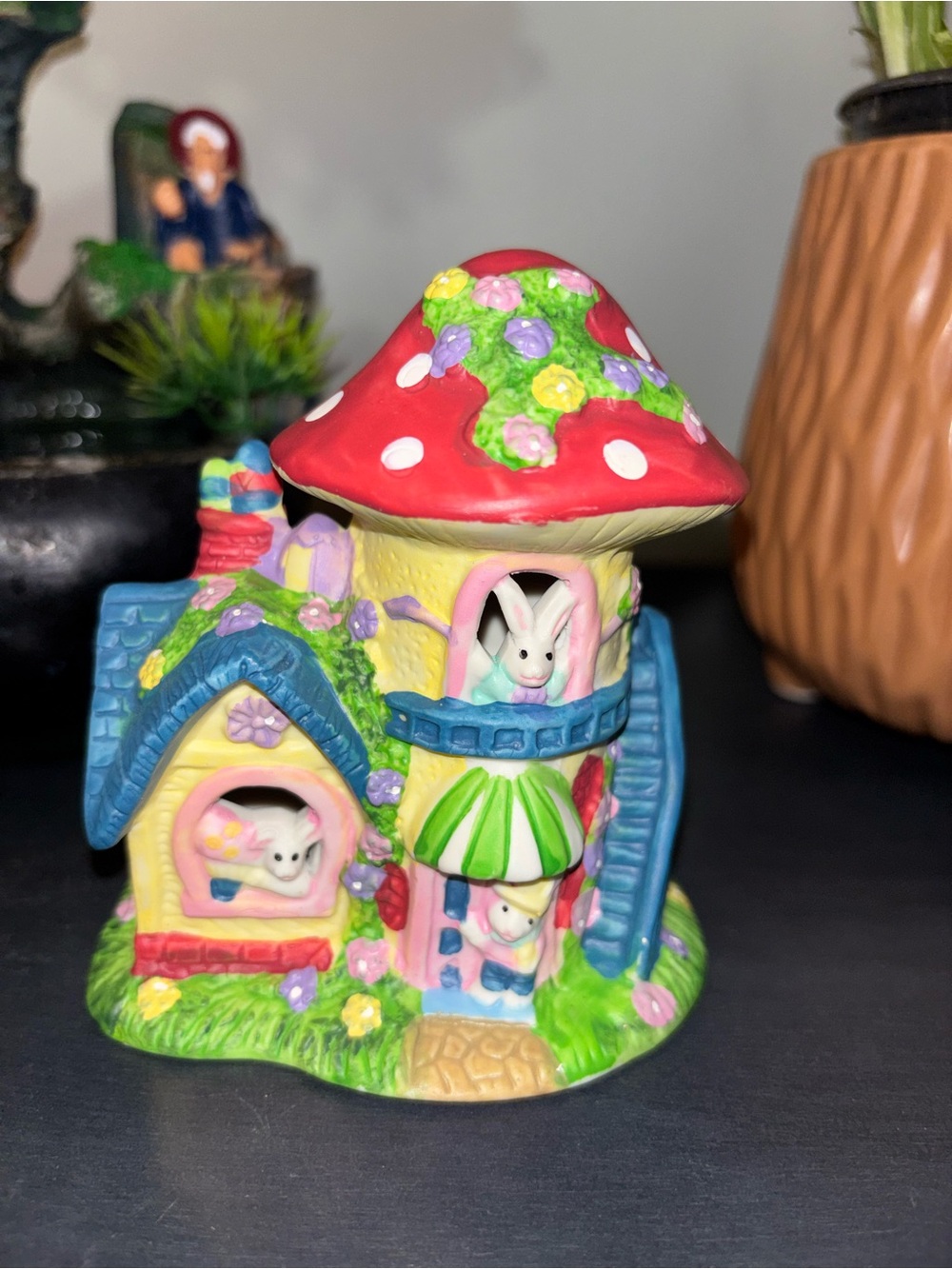 Vintage Whimsical Bunny Mushroom House Ceramic Accent - 1940s